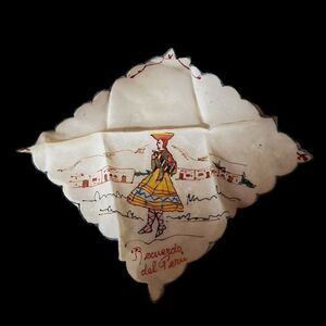 Vintage linen hand painted Handkerchief PERU souvenir woman dancing Recuerdo del